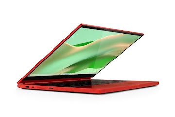 Una vista lateral izquierda de un Samsung Galaxy Chromebook 2 rojo abierto que muestra la pantalla de inicio.