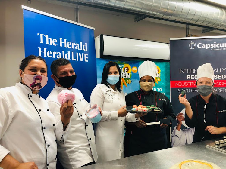 Celebrating the season finale with Halloween-inspired Macarons are from left Chef Nadia Pillay, Donovan Miller, Beryldene Bain (Campus Principal), Chef Ayanda Gwintsa and Chef Bernice Warner.