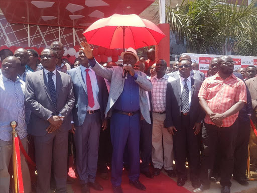 Opposition leader Raila Odinga during the launch of Unaitas branch in Kisumu on Monday/MAURICE ALAL