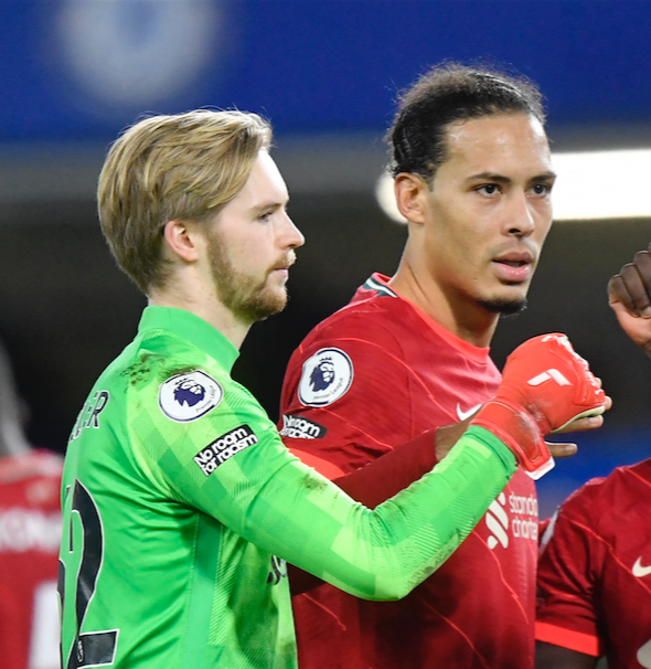 Liverpool's Caoimhin Kelleher and Virgil van Dijk