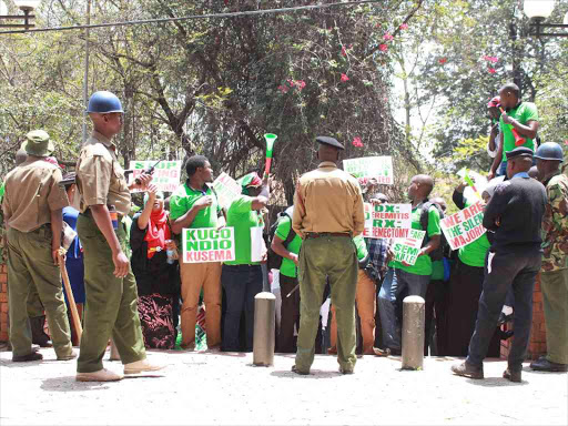 In this file photo, clinical officers protest outside the SRC offices.