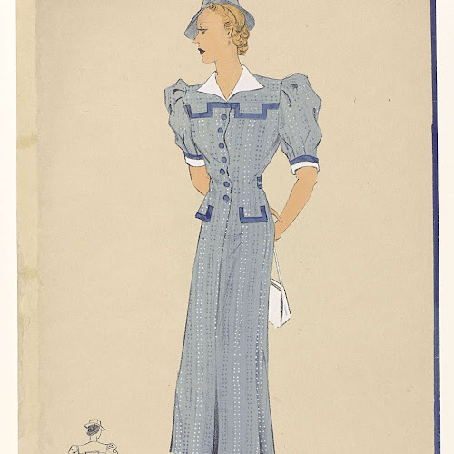 Vrouw in een blauwe japon met witte kraag, anonymous, c. 1930 - Rijksmuseum