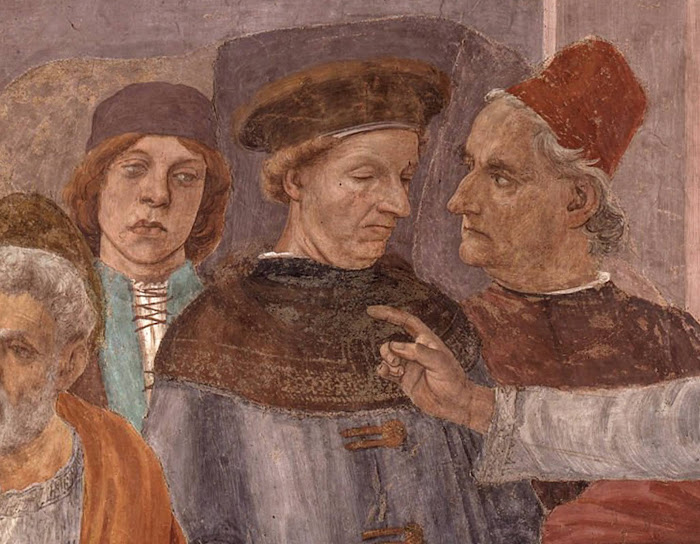 Filippino Lippi, Disputa di Simon Mago (particolare con ritratto di Antonio Pollaiolo a destra),  1481-82, Cappella Brancacci, Santa Maria del Carmine, Firenze