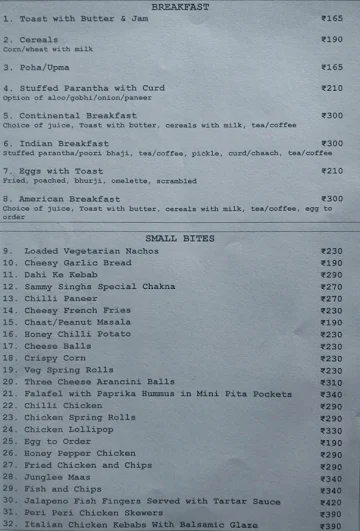 Sammy Singh's Rooftop menu 