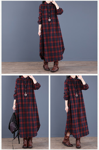 Title 7, Cotton Lapel Long Sleeve Dress for Womens Midd...