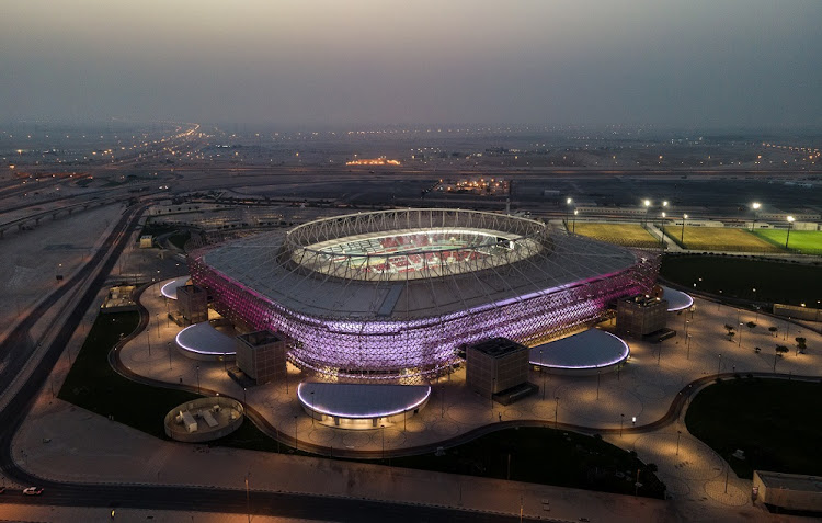 An aerial view taken by drone of Ahmad Bin Ali Stadium in Al Rayyan, Qatar at sunset on June 23 2022. Ahmad Bin Ali stadium, designed by Pattern Design studio, is a host venue of the Fifa World Cup Qatar 2022 starting in November.