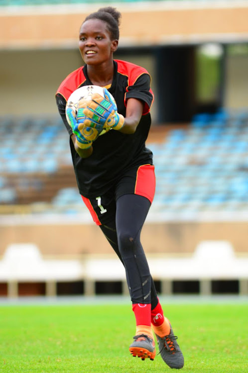 Harambee Starlets' and former Wadadia goalkeeper Monica Odato in action during a past training session.