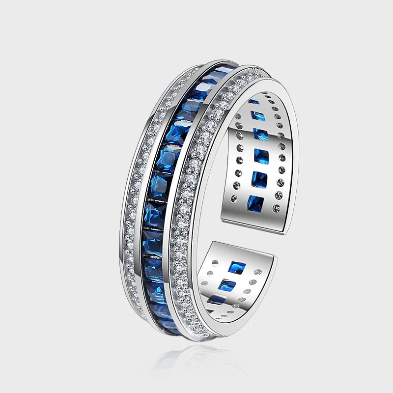 S925 Sterling zilveren ring met lichtjes ingelegde blauwe diamant, hiphop stijl. Persoonlijkheidssieraad voor jou!