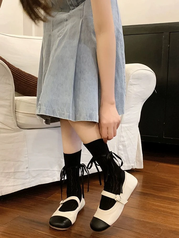 Title 2, Womens Socks Mid-calf Strap Bow Thin Stockings