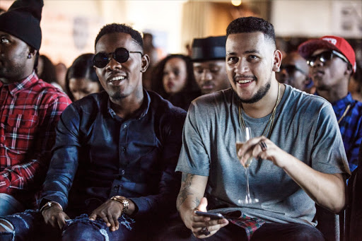 Nigerian reggae-dancehall singer/songwriter Patoraking and South African rapper AKA at the launch of the MTV Africa Music Awards in Durban on May 21 2015.