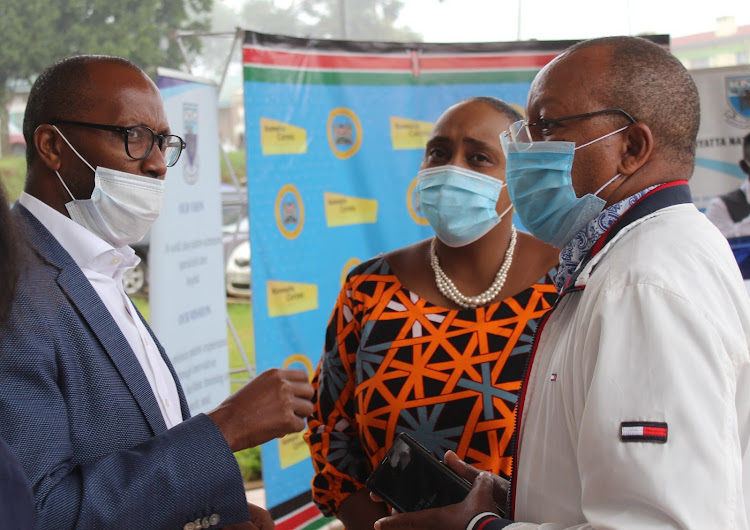 Group CEO, Amref Health Africa, Githinji Gitahi, Nyeri Deputy Governor Caroline Karugu and Othaya MP Gichuki Mugambi at the KNH, Othaya Annex, in Nyeri county on Sunday