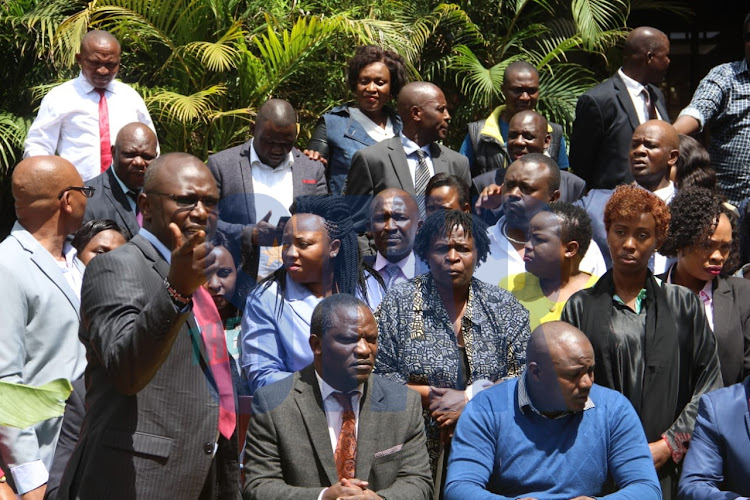 Nairobi City MCAs in support of Speaker Beatrice Elachi address the press on Tuesday, October 29, 2019.