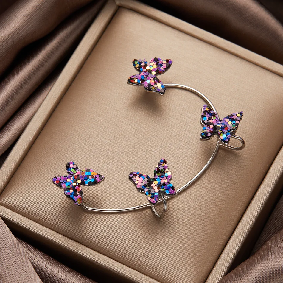 Boucles d'oreilles monobloc papillon à sequins, clip d'oreille, bijoux de personnalité sans perçage, légers et étincelants.
