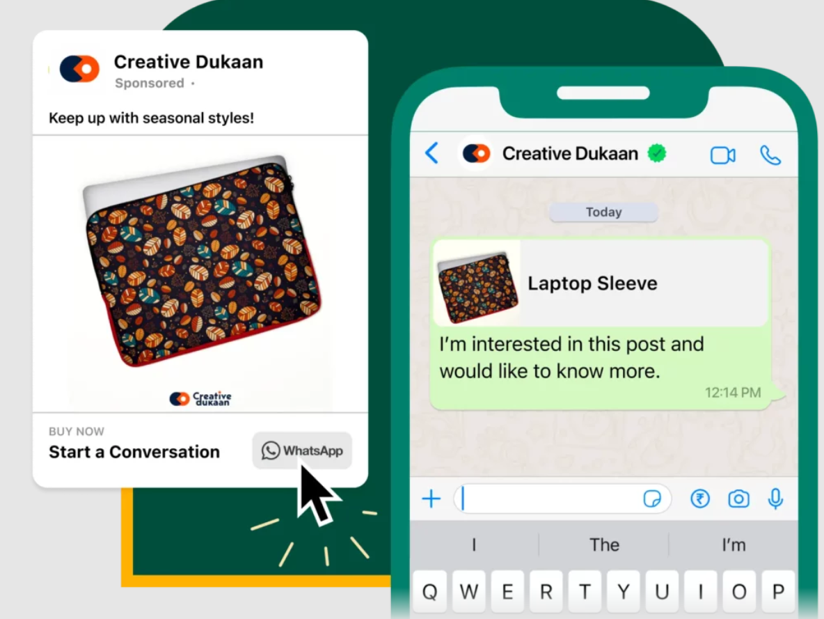 Bulk whatsapp sender | Facebook Ad with a click to WhatsApp button on the left and WhatsApp chat interface after clicking on the button on the right