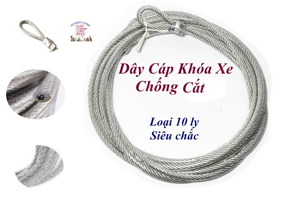 Dây Cáp Khóa Xe Loại 10 Ly Dài Từ 60Cm Đến 3M Bọc Nhựa Lõi Cáp Thép Siêu Bền, Siêu Chắc, An Toàn, Chống Cắt, Chống Trộm