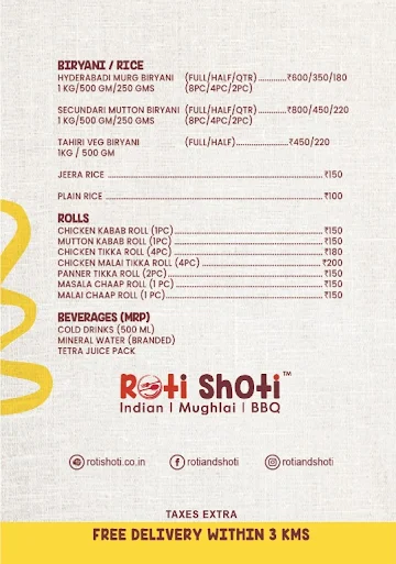 Roti Shoti menu 