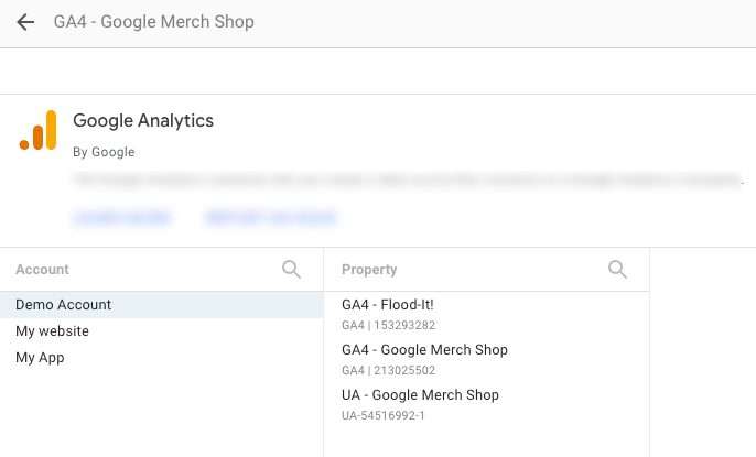 La página de configuración del conector de Google Analytics. La cuenta de demostración de Google Analytics está seleccionada y, en la lista de propiedades, se muestran tres propiedades que pertenecen a esa cuenta.