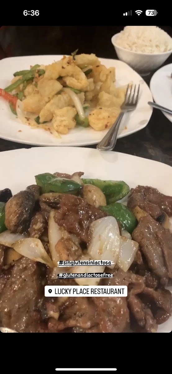 Gluten free beef with black bean sauce and salt and pepper chicken