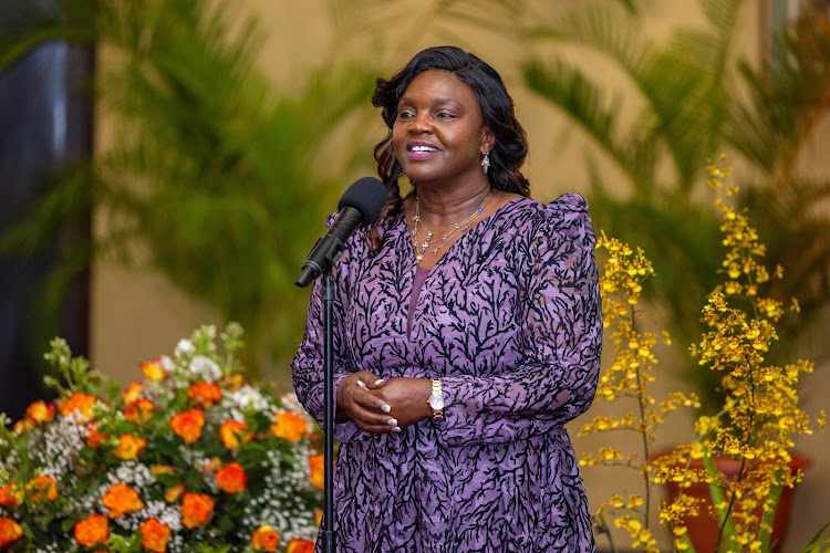 Pastor Dorcas Rigathi, the spouse of the Deputy President speaking during a dinner in honour of visiting members of the Organisation of African First Ladies for Development at State House, Nairobi on November 22, 2023