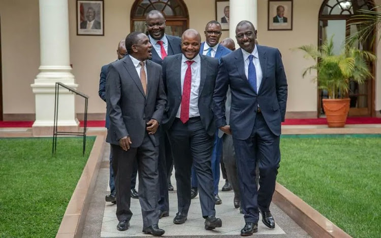 President William Ruto with ODM legislators and ICT CS Eliud Owalo at the State House on July 4, 2023. When elected officials defect to the government, the opposition loses experienced and knowledgeable voices.
