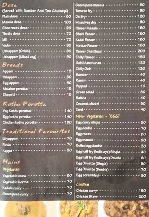 Hotel Malabar menu 