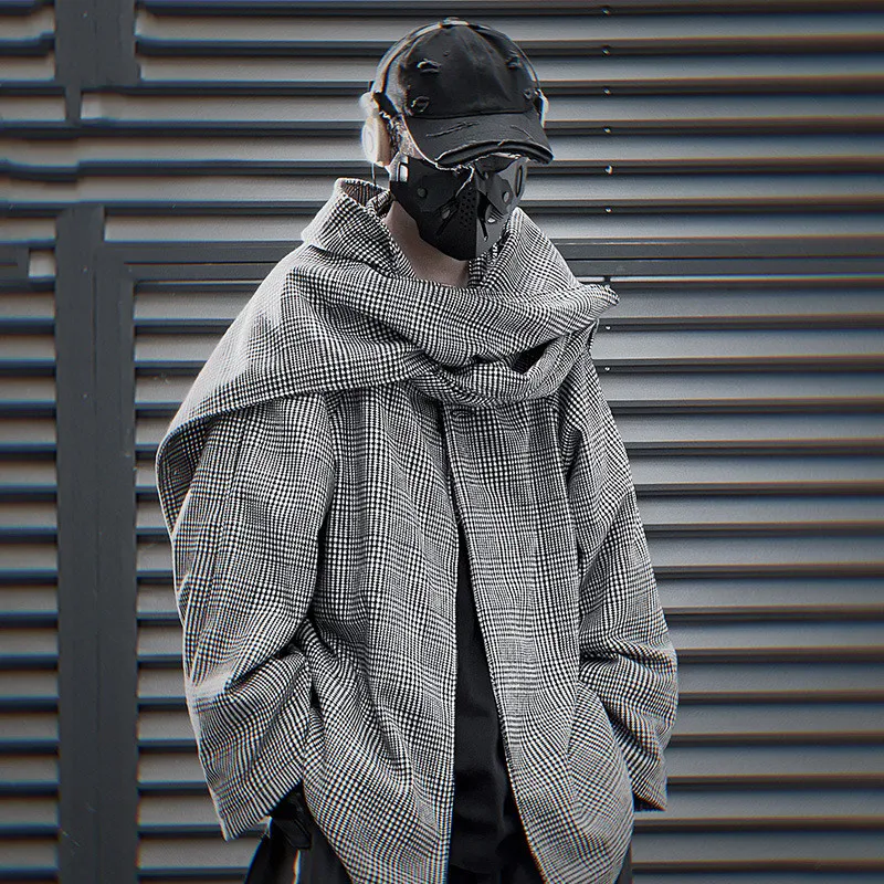 Manteau en laine pour homme avec écharpe double épaule, coupe ample et décontractée. Haut tendance à motif pied-de-poule.