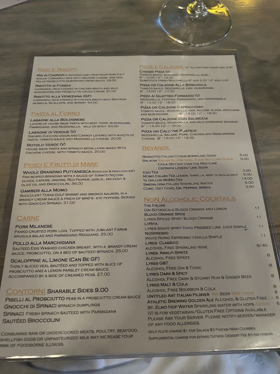 MoMo Italian Kitchen gluten-free menu