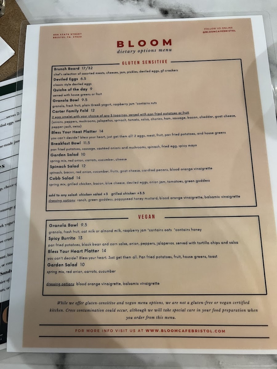 Gluten Free and Vegan Menu