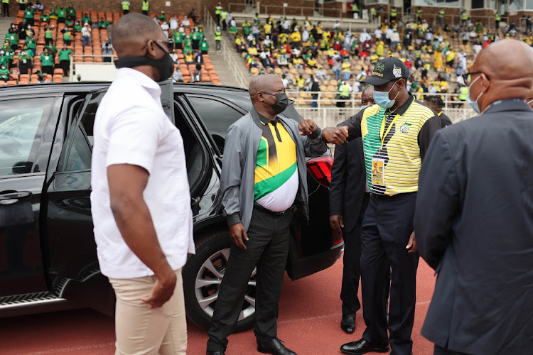 Deputy President David Mabuza greets National Treasurer Paul Mashatile, 08 January 2022, at the Peter Mokaba Stadium in Polokwane, Limpopo, where the political party celebrated their 110th birthday and delivered the annual January 8 statement.