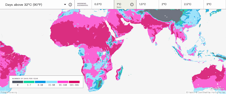Number of days per year above 32°C at a 1° C increase in global temperatures as predicted by Probable Futures: Picture: PROBABLE FUTURES