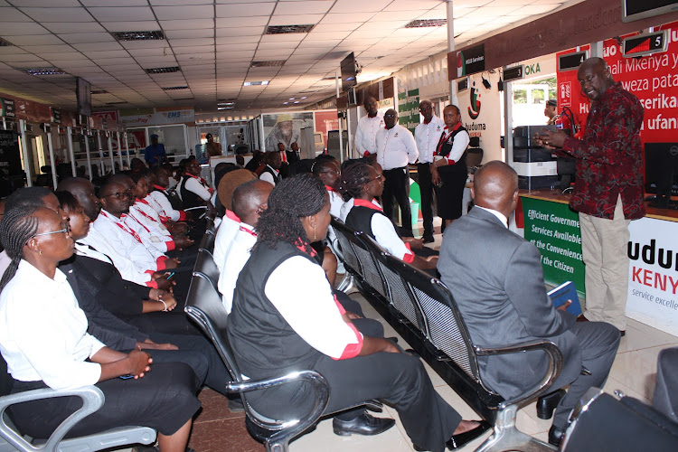 The Principal Secretary for Public Service Amos Gathecha addressing civil servants at Murang'a town huduma centre on February 1, 2023.