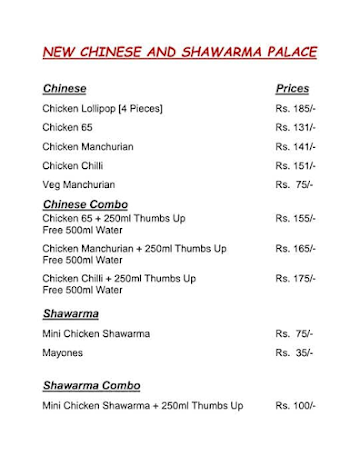 New Chinese & shawarma palace menu 