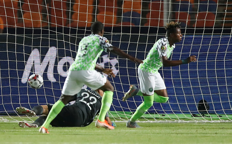 Nigeria's Samuel Chukwueze celebrates scoring their first goal.