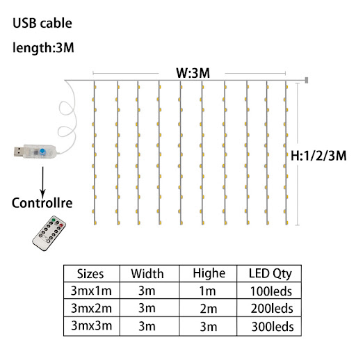 Title 1, Copper Wire Curtain Lamp 300 LED USB Remote Con...