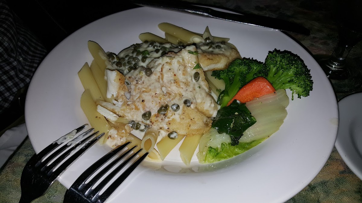 GF trigger fish piccata on corn/rice pasta