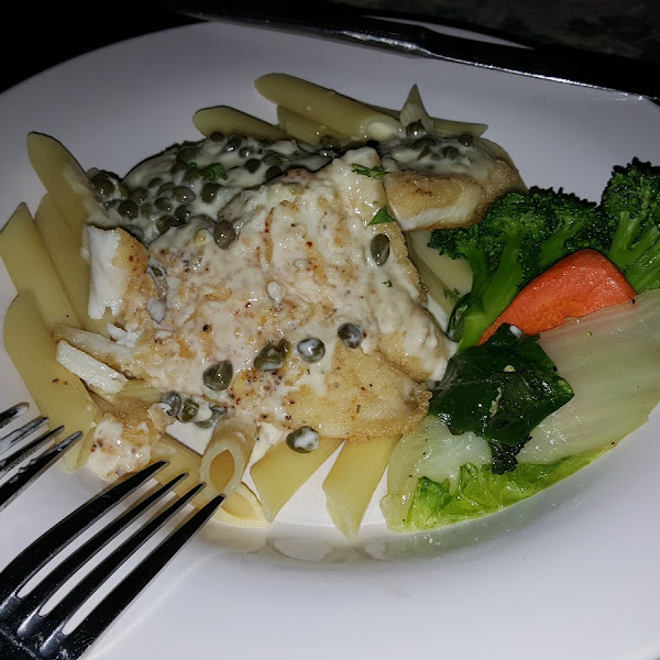 GF trigger fish piccata on corn/rice pasta