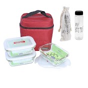 Bộ Hộp Đựng Cơm Thuỷ Tinh Lock&Lock Có Túi LLG422S4 (3 Hộp 380ml) Kèm Bình Đựng Nước Và Túi Vải Tiện Lợi
