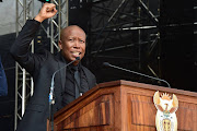 EFF leader Julius Malema speaks at the funeral service of the late struggle stalwart Winnie Madikizela-Mandela at Orlando Stadium in Soweto.