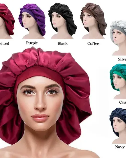 Solid Satin Bonnet Hair Styling Cap Night Hat Bath Cap Ex... - 0