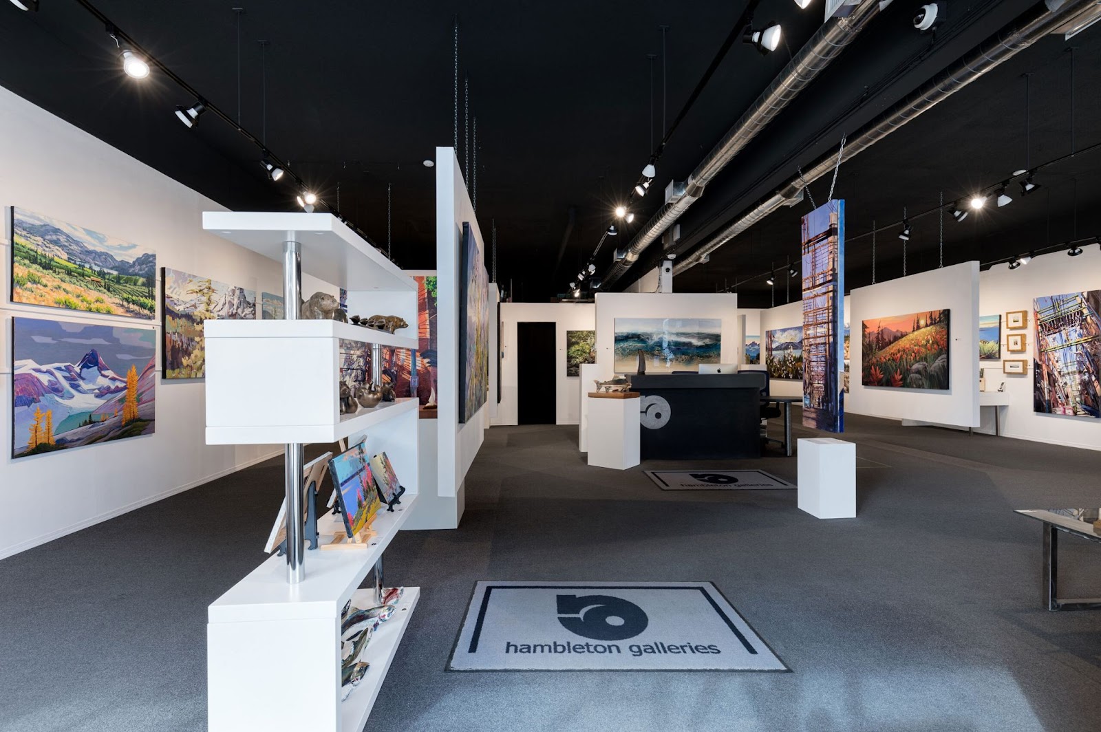 An interior gallery view of Hambleton Galleries, with modern white displays and local and international artwork