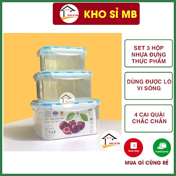 Set 3 Hộp Nhựa Đựng Thực Phẩm Tủ Lanh Có Nắp, Hộp Nhựa Việt Nhật Vuông Trong Suốt Đựng Cơm, Đồ Ăn, Dùng Được Lò Vi Sóng