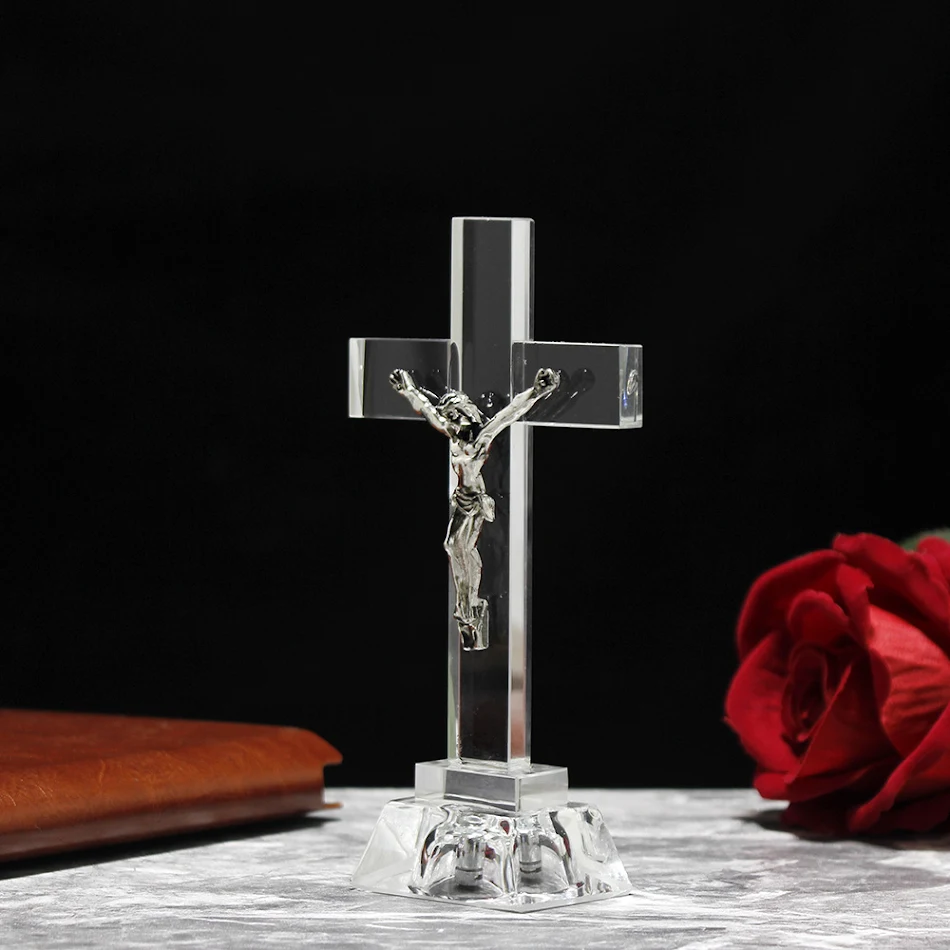 Cadeau Chrétien Veilleuse Cristal Jésus Croix Statue Style Religieux Lumière Douce Décor Foi Maison Sérénité