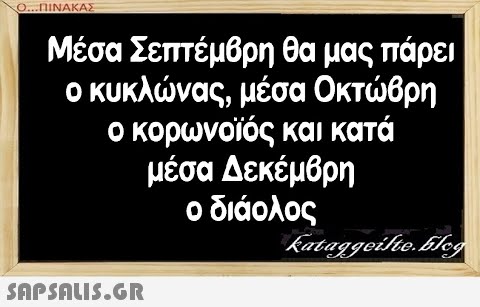 Ο..ΠΙΝΑΚΑΣ Μέσα Σεππέμβρη θα μας πάρει ο κυκλνας, μέσα Οκτβρη ο κορωνοίός και κατά μέσα Δεκέμβρη ο διάολος