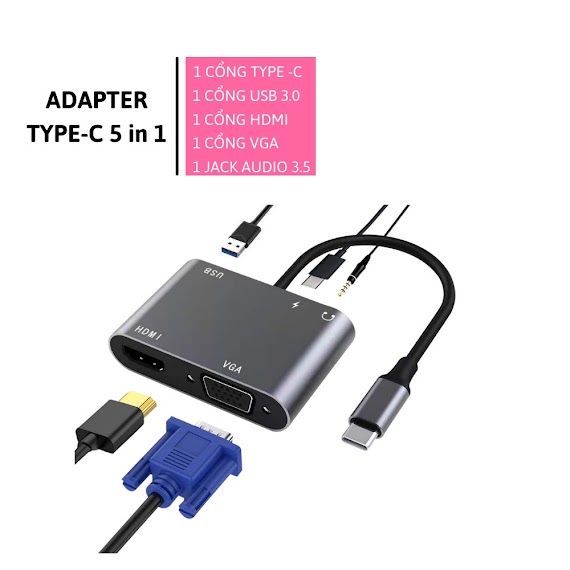 Hub Type C 5 In 1 - Bộ Chuyển Đổi Type C To Hdmi Vga Usb 3.0 Type C 3.5 Audio Cho Laptop Mac, Dell, Lenovo