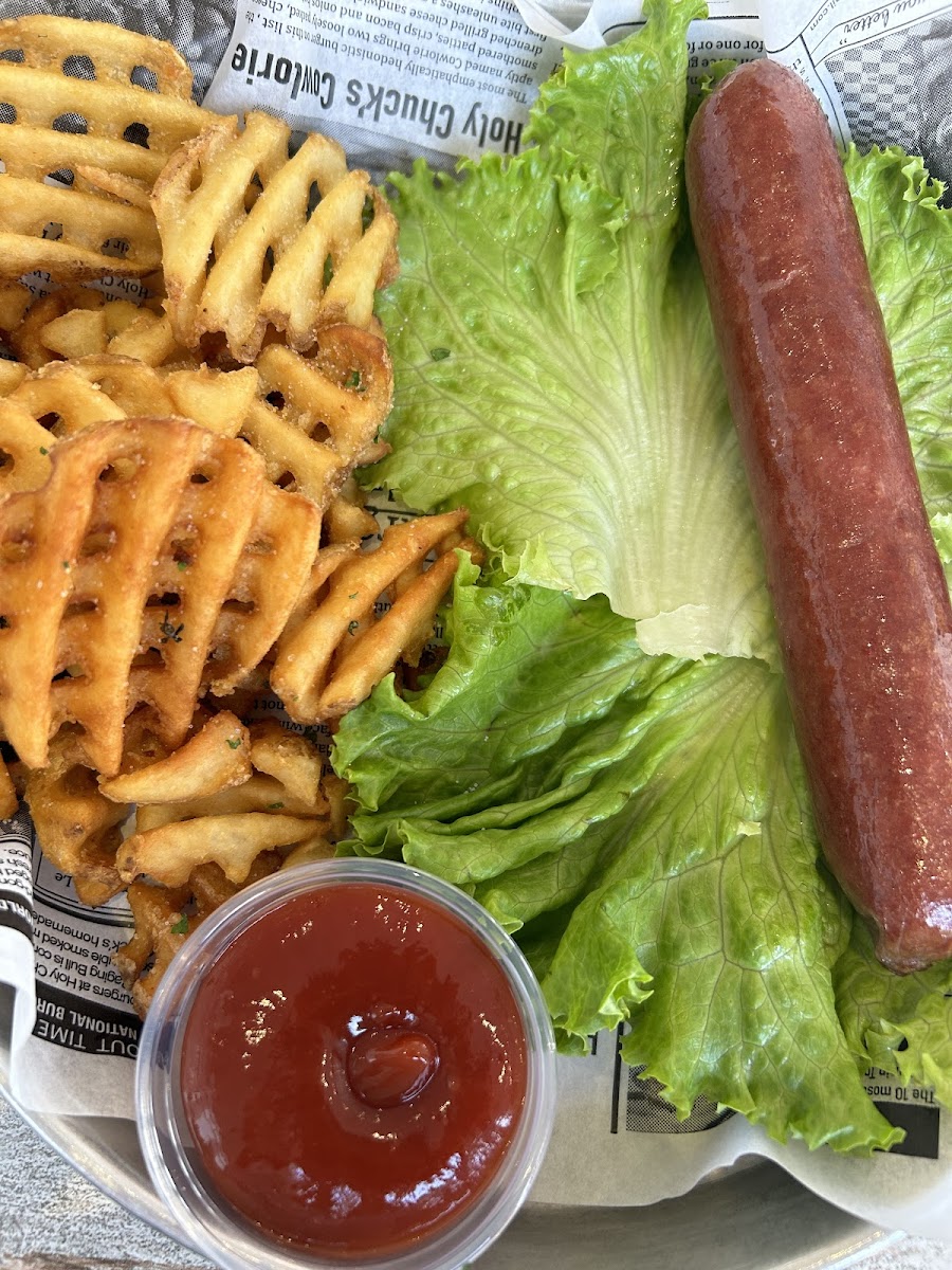 GF waffle fries (dedicated fryer) and a GF hot dog (you can get a gf hamburger bun or a lettuce wrap)