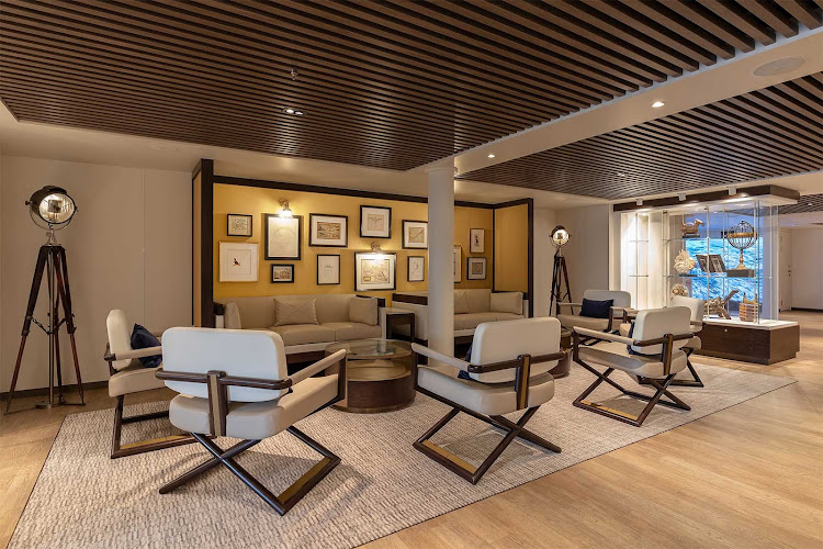  The relaxing Base Camp lounge on the Galapagos expedition ship Silver Origin. 