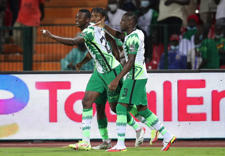 Sadiq Umar of Nigeria celebrates his goal with teammates in the 2021 Africa Cup of Nations match against Guinea-Bissau at Roumde Adjia Stadium in Garoua, Cameroon on 19 January 2022.