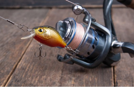 spinning reel on a deck