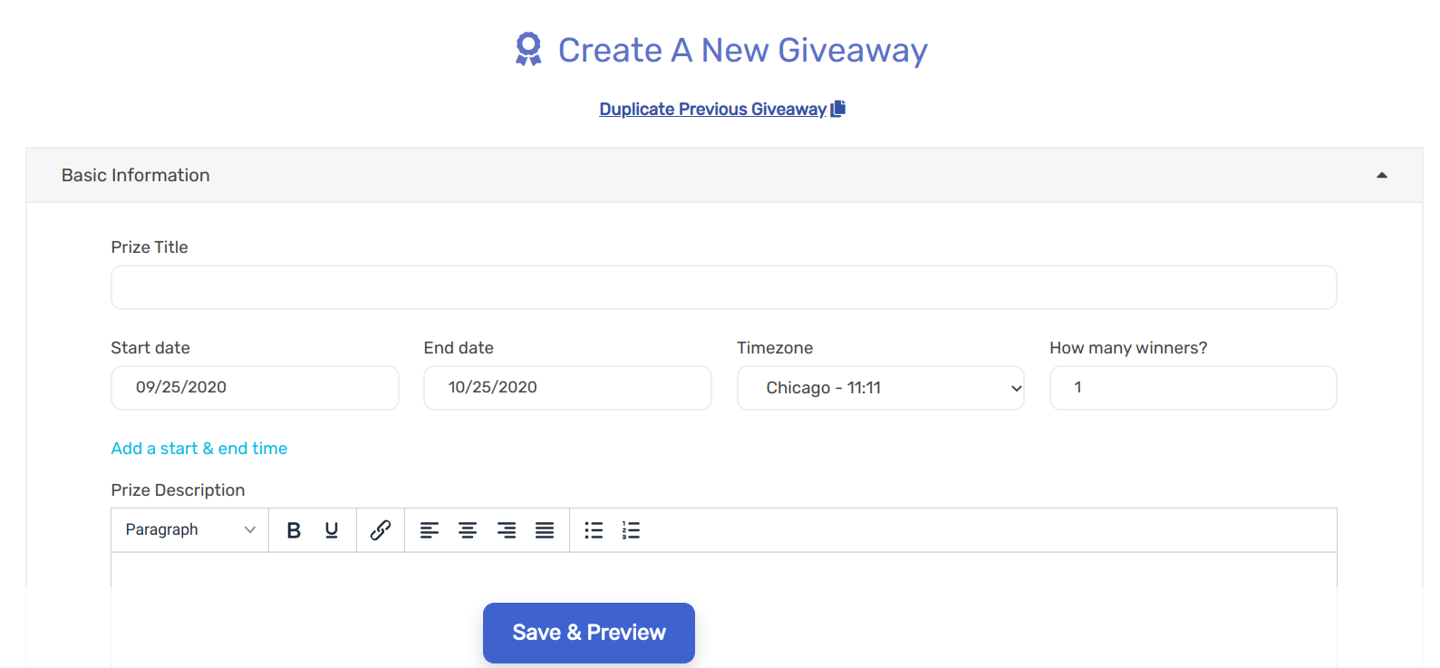 create a new giveaway on sweepwidget