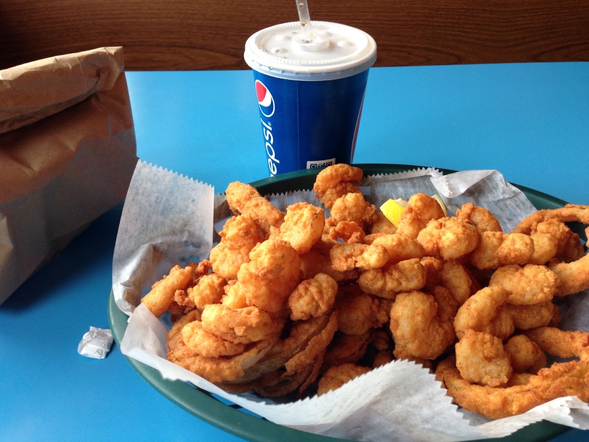 Gluten free fried shrimp and onion rings.